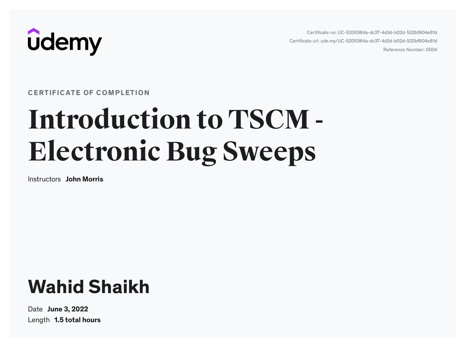 Udemy TSCM Certificate